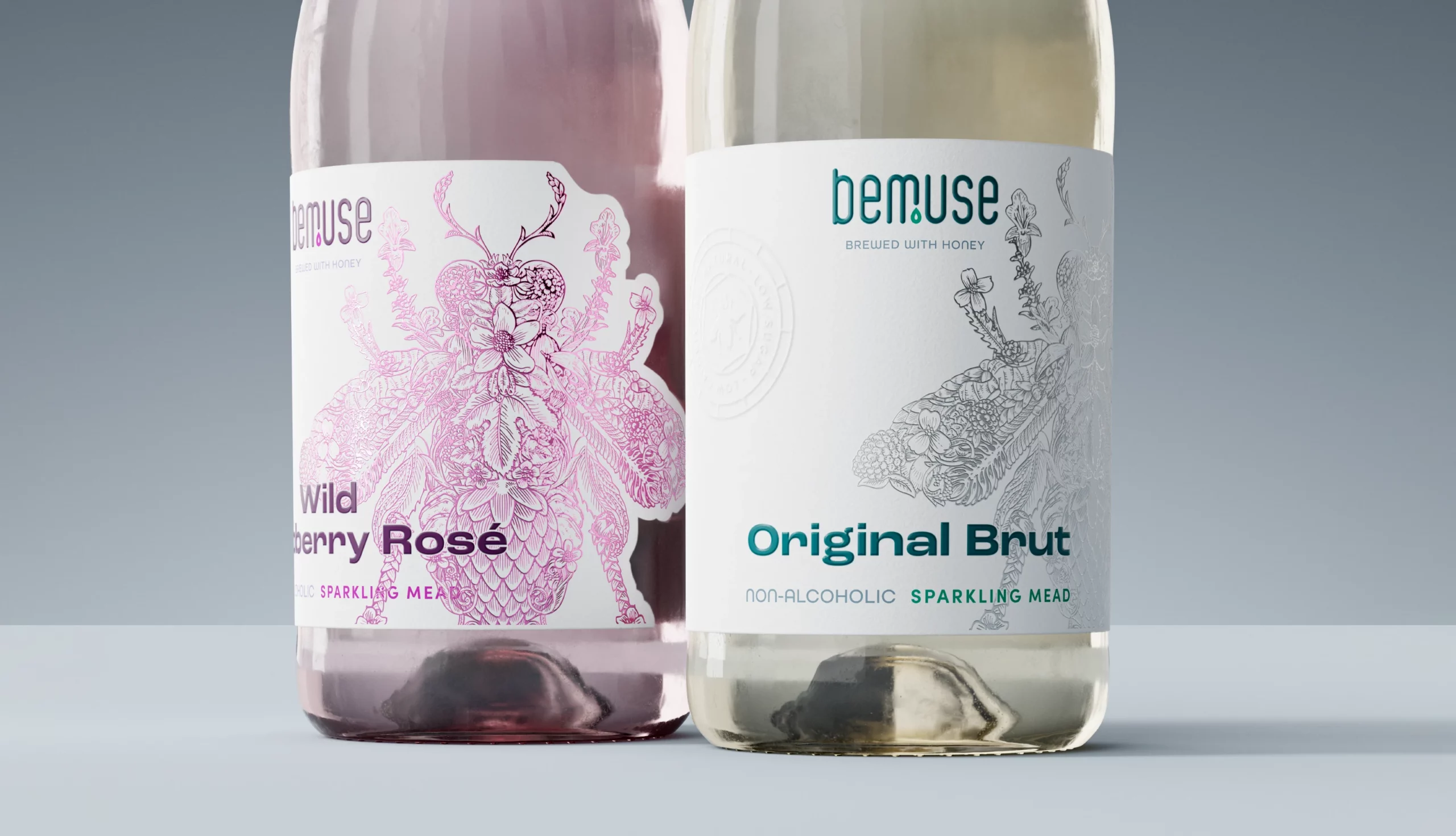 Bemuse close up of non alcoholic mead bottles